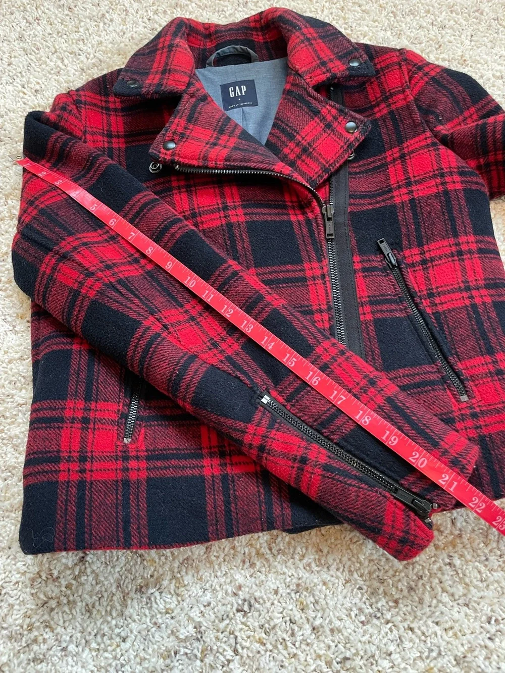 Gap Red Buffalo Plaid Wool Blend Moto Jacket Grunge Zip small